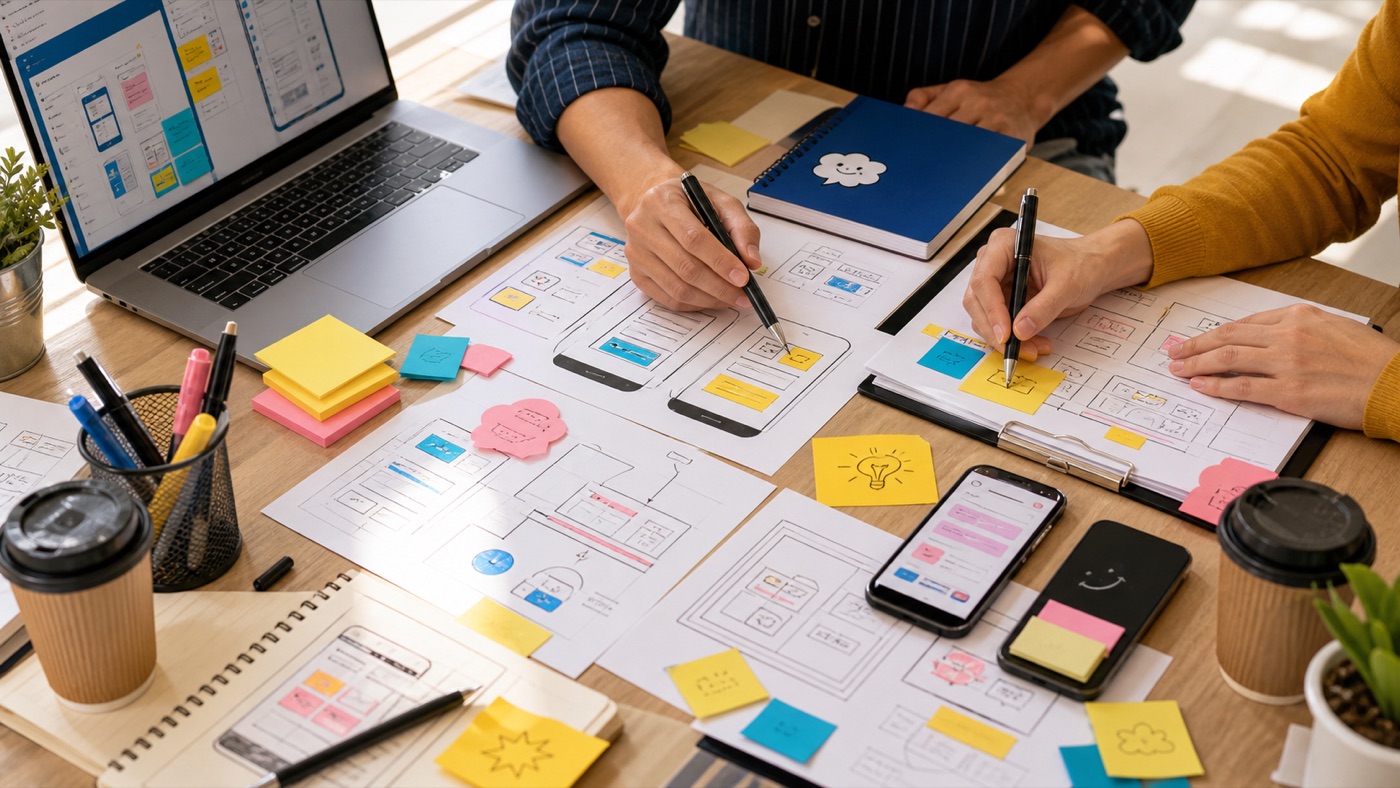 Product team collaborating on interface sketches