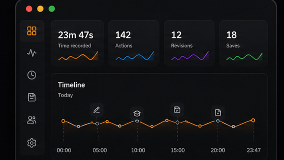 Draw Stats dashboard showing production time, actions, revisions, and saves