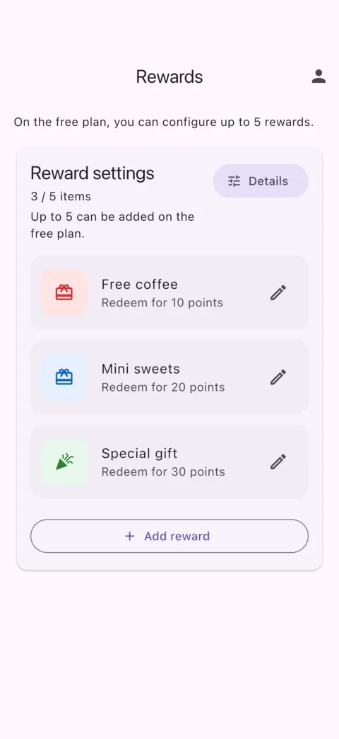 Reward settings screen